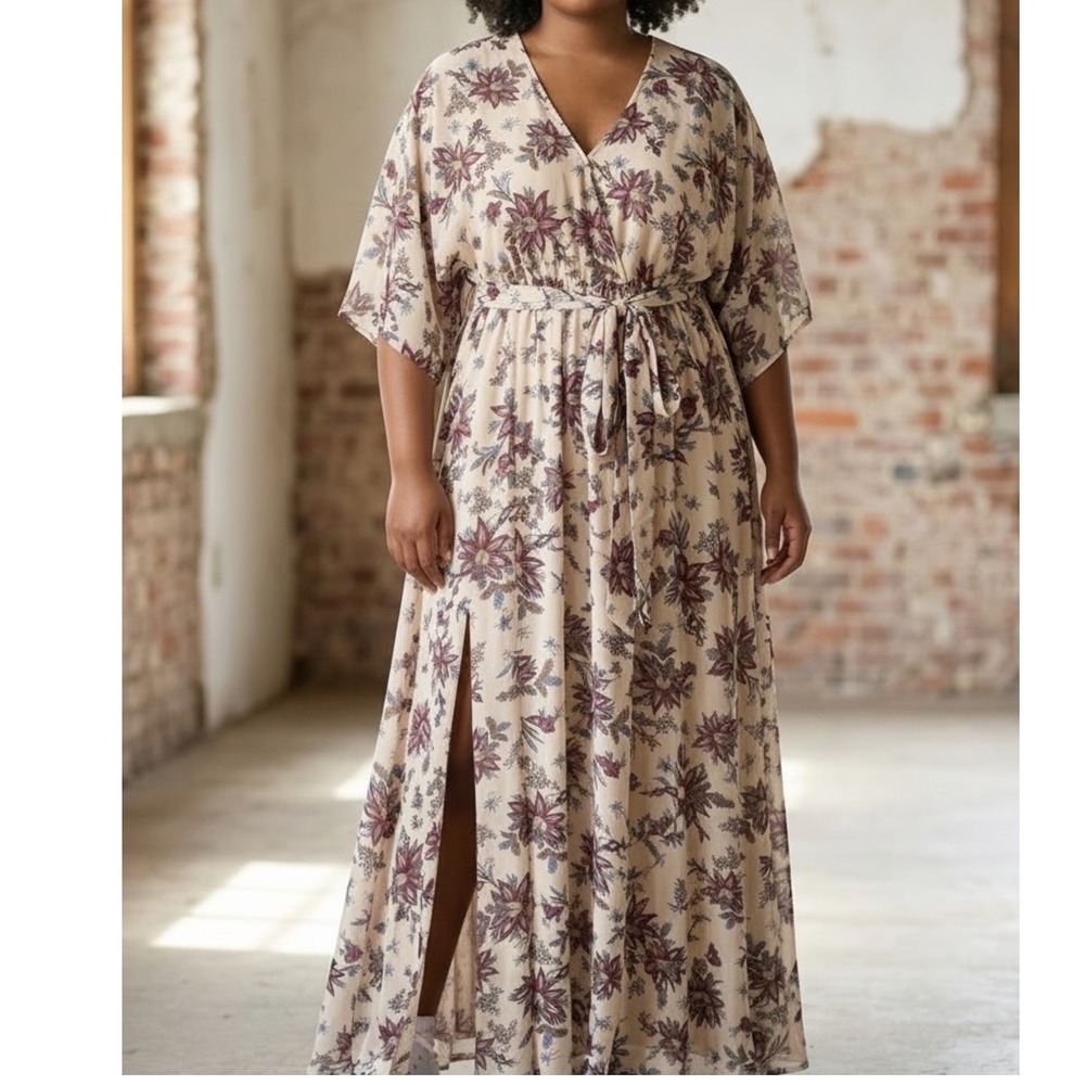 Baltic Born Kia Kimono Women XXL Maxi Dress Cream Red Floral Wedding Romantic